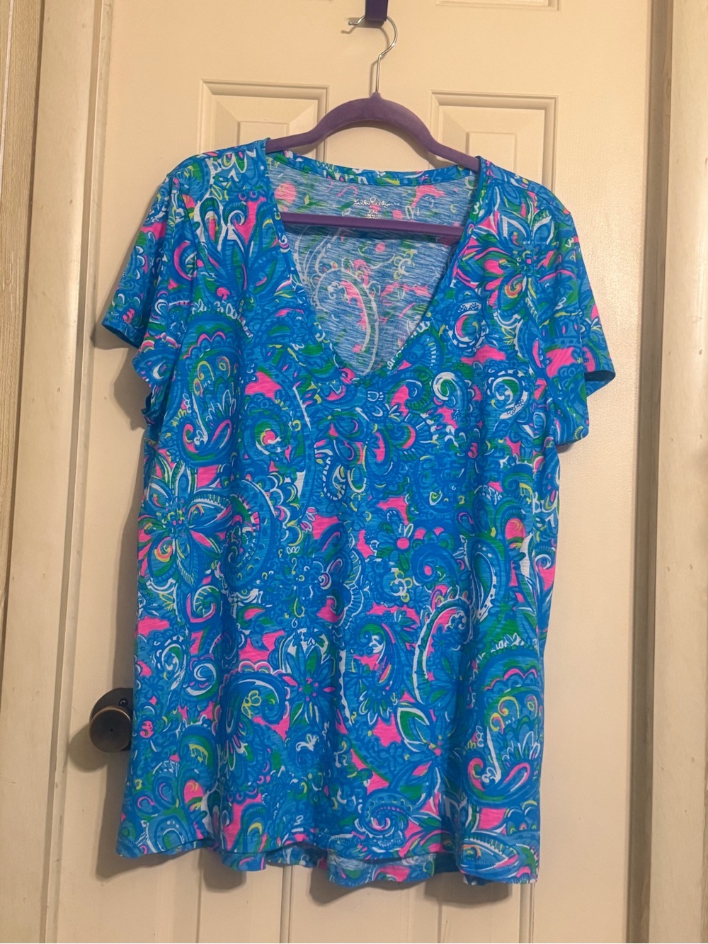 Lilly Pulitzer V-Neck Short Tee with Pink & Green Accents